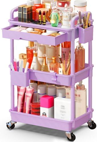 SUNALLY Makeup Cart Organizer with Drawers, Floor Skincare Organizers Vanity Storage Organizer, Rolling Makeup Bathroom Storage Cart Cosmetics Display Cases for Skin Care Perfume Nail Polish, Purple
