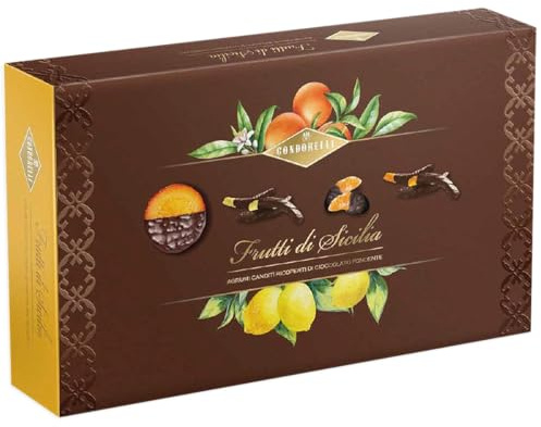 Scatola Elegante Frutti di Sicilia con Agrumi Canditi Ricoperti di Cioccolato Fondente per condorelli 320g