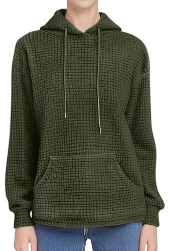 Générique Huva för dam - topp till dam chic casual våffeltröja med dragsko jacka vår höst huvtröja enfärgade toppar långa toppar med två fickor tröja, Färg: grön, L