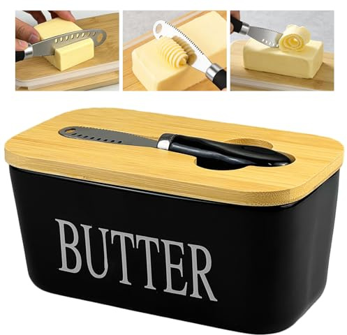 ZBXSNK Ceramic Butter Dish with Lid, 700ml, Stainless Steel Butter Knife | Stainless Steel Multipurpose Butter Knife, Large Cheese Container, Butter Keeper, Double High-Quality Silicone