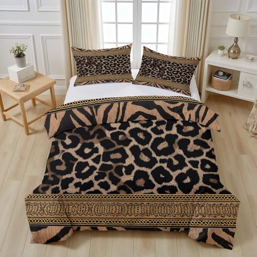 Leopardenmuster Bettwäsche, Luxus Vintage Tiermuster Bettwäsche 135x200 | Gepard Tiger Zebra Bettbezug 135 x 200, Wendebettwäsche mit Reißverschluss und Kissenbezug fur Kinder Jungen Mädchen