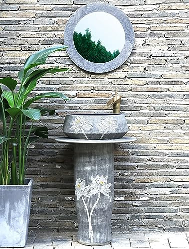 LQAIomn Pedestal Sink Handcrafted Ceramic Wash Basin Pedestal Washbasin, Kaolin Clay Pedestal Sink Rustic Round Freestanding Sink for Indoor and Outdoor,with (with Mirror)