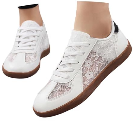 SKFLABOOF Chaussures en lin pour femme - Chaussures dirndl blanches - Baskets traditionnelles pour femme - Chaussures en tissu blanc - Dentelle festive - Baskets élégantes plates pour l'été