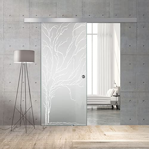 BOSS Porta Scorrevole in vetro modello TREE 80x215 cm (60/80/90 cm) 8 mm, vetro Satinato, Nano rivestito bianco, kit hardware complete (80x215 cm, SINISTRA)