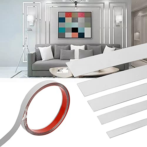Btstil Moulure flexible et garniture murale, finition métallisée effet miroir, bande autocollante argentée pour mur, porte, meubles, armoire - 5 m