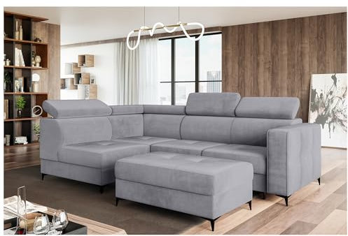 MEBLINI Schlafcouch mit Bettkasten - Ecksofa mit Schlaffunktion - Sofa mit Relaxfunktion und Kopfstützen - Couch L-Form - Eckcouch - Wohnlandschaft - Dorian - 263x232x89cm Links - Grau Samt