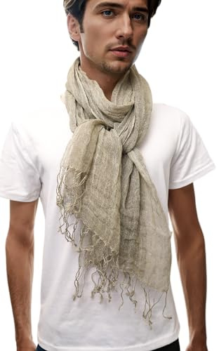 Prettystern 200/65cm XL Sciarpa di lino lunga unicolore screziata estiva con frange da uomo - T115 Verde