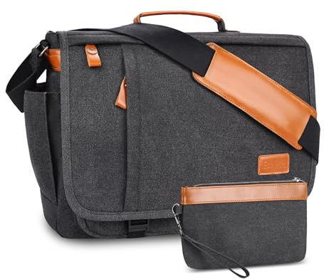 ESTARER Laptoptasche 17 Zoll Umhängetasche Herren mit Federtasche Canvas Arbeitstasche Herren für Arbeit, Büro, Universität, Grau