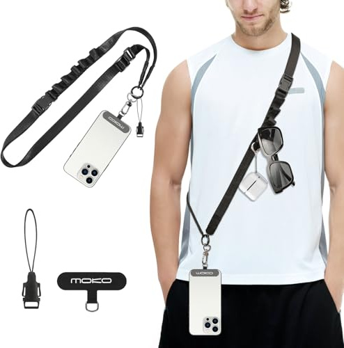 MoKo Universal Phone Lanyard, Nylon Adjustable Cell Phone Crossbody Strap Detachable Women & Men Cellphone Lanyards Around the Neck with Patches for iPhone, Most Smartphones, Black