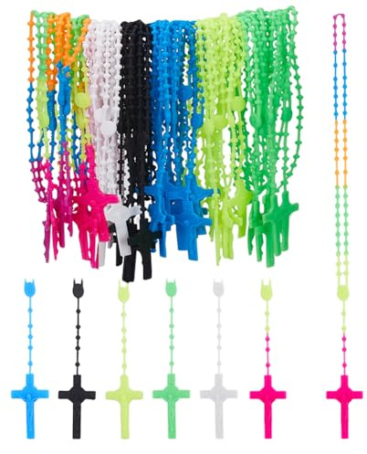 DICOSMETIC Collane con Croce e Perline di Rosario in Plastica, 56 Pezzi, 7 Colori, Incl. Croce Luminosa che Si Illumina al Buio, Gioielli di Preghiera per Uomini e Donne