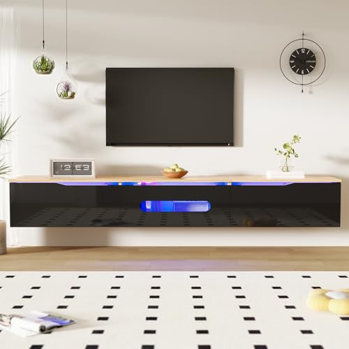 Mueble de TV flotante, mueble tele avce iluminación LED, armario de TV en la sala de estar, mueble de TV con 3 puertas batientes, armario de almacenamiento TV, para salón, dormitorio (madera bruta +
