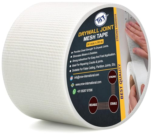 M.J Drywall Mesh Tape – Self-Adhesive Fibreglass Joint Scrim Tape for Plasterboard & Wall Crack Repair – 96mm * 90m Sizes – White Reinforcement Tape for Builders & DIY Use (1, 96MM)