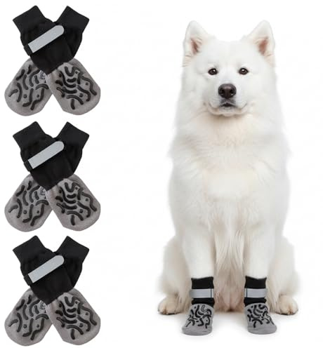 DqiUnaX Hundeschuhe, 3 Anti-Rutsch Hundesocken Für Pfotenschutz Outdoor, Weiche Socken Für Hunde Bis 40 Kg, L Größe 7.5 * 18 cm, Ideal Für Indoor Und Outdoor