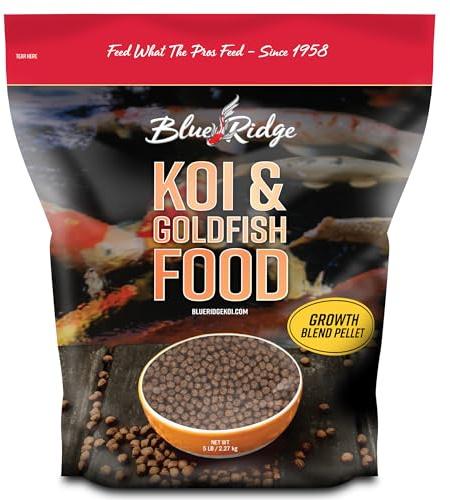 Blue Ridge Koi Fish Food 5lb - Koi Food 3/16” Large and Mini Blend Growth Formula, Goldfish Food, Premium Fish Food for Ponds, Ponds Fish Food, Floating Pond Pellets