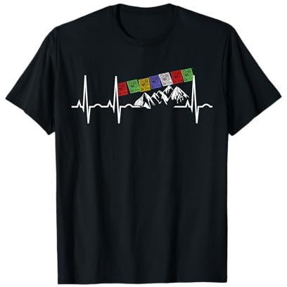 Himalaya Trekking Shirts, T-Shirts & Geschenke - Männer & Frauen - Gebetsflagge Berg Herzschlag - Schwarz, S - Halbarm, Klassisch, Polyester 100%