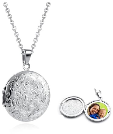 Jovivi Silver Round Photo Locket Necklace That Holds Pictures Locket Jewellery,Birthday Memorial Gifts for Women Mum