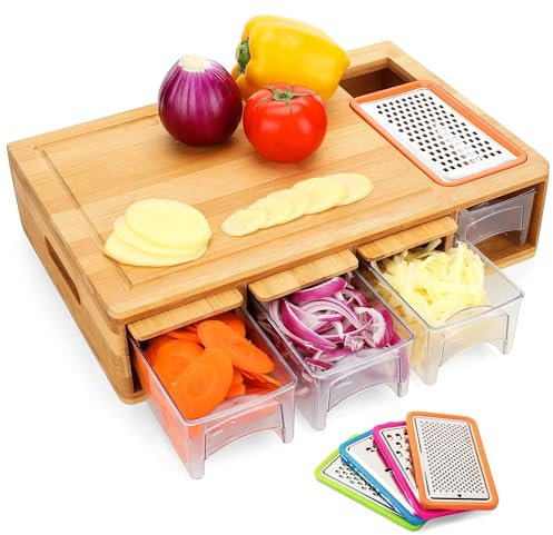 Chopping Board with Containers | Large Bamboo Carving & Cutting Board with Juice Grooves & Easy-Grip Handle | Sliding Opening Drawer Organiser for Vegetables & Fruits | Easy Transport & Cleanup