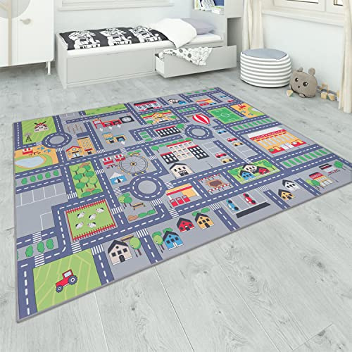 Paco Home Teppich Kinderzimmer Kinderteppich Spielteppich Straßenteppich rutschfest Mädchen Jungs, Grösse:160x220 cm, Farbe:Grau 2