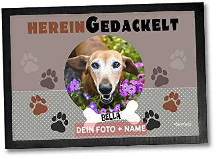 Sunnywall Fußmatte Hund hereingedackelt Dackel - Personalisiert mit eigenem Foto und Wunschnamen (75 x 50 cm Gr3)