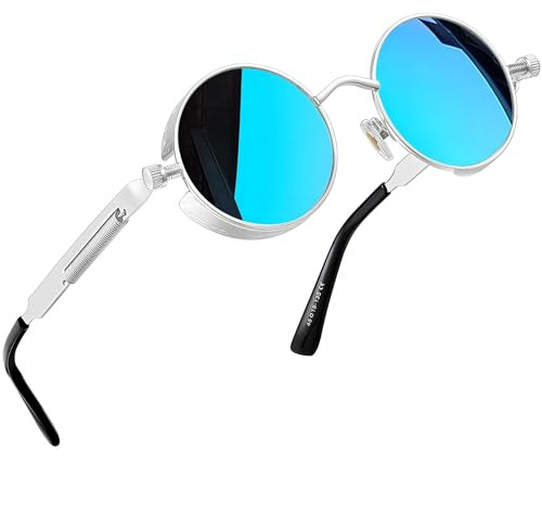 Joopin Runda Solglasögon Herr Steampunk Retro Dam Solglasögon UV400 Skydd, Polariserade Runda Män Kvinnor, Vintage Round Sunglasses Hippie Spegel Blå