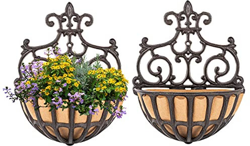 Sungmor 2 Stück Wandbehang Pflanzkorb mit Stoffauskleidung, Viktoria-Stil, Gusseisen-Übertopf für den Innenbereich, Wandmontage, Outdoor-Geländer, Zaun, Balkon, hängende Blumentöpfe