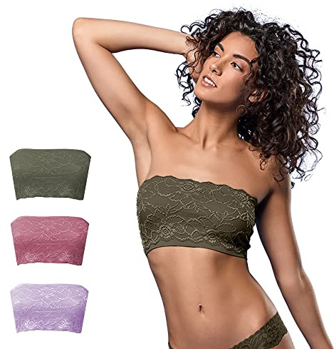 FOCENZA Top a Fascia Senza Spalline in Pizzo, Senza Cuciture, Multipack da 3 Pezzi in Vari Colori, Made in Italy (Oliva-Malva-Lavanda, Tg. Unica)