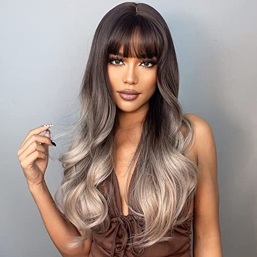 Layhou Lange Perücken Brauner Farbverlauf Gold, Sexy Gewelltes Haar Perücken mit Haarnetz, hitzebeständiges Synthetik für Frauen, Cosplay, Party, täglicher Gebrauch
