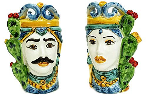 Coppia teste di moro Caltagirone con fichi d'india in ceramica siciliana vasetti piccoli 15 cm
