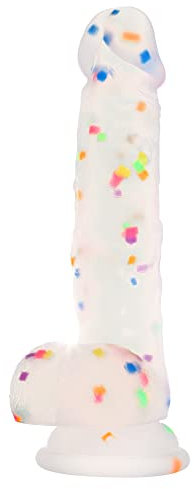 Seiecft 18.5cm Konfetti Klarer Silikon Dildo mit Ausgestellter Saugnapf Basis für Freispiel, Flexibler Dildo mit Gebogenem Schaft und Bällen für Vaginal G-Punkt und Anal Prostata