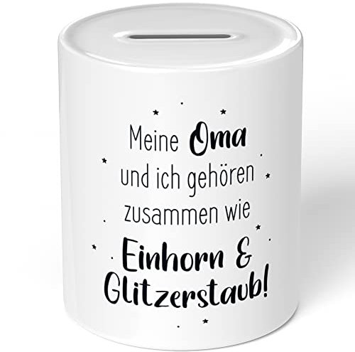 JUNIWORDS Spardose Sparbüchse, Meine Oma und ich gehören zusammen wie Einhorn & Glitzerstaub! (1008689)