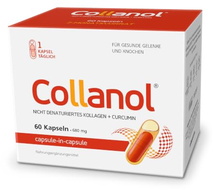 Collanol. 3D-Kollagen + mizellares Curcumin. Für Gelenkknorpel, 60 Kapseln | Flüssige Formel in einer Doppelkapsel. Mit Vitamin D + C + Kupfer + Mangan. 1 Kapsel täglich