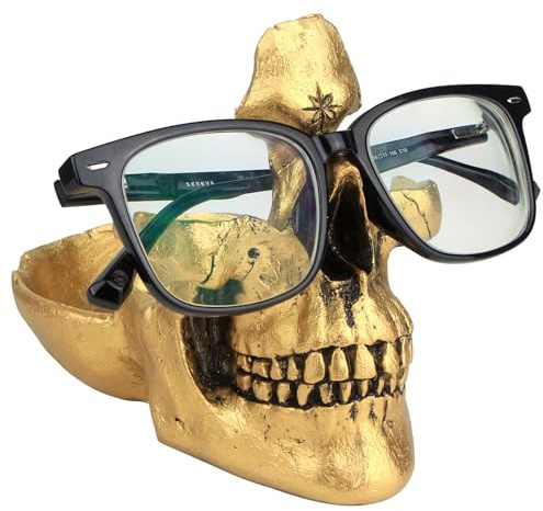 Mrlikale Skull Glasses Stand Holder, Creative Eyeglasses Holder, Sunglasses Spectacle Display Rack, Key Holder Resin Sculptures for Entryway, Home, Office, Desk, Nightstand (Gold)