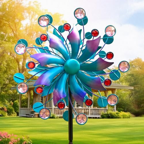 360°Solar Wind Spinner with Lights Blue Metal Garden Outdoor Decor Yard Lawn Art Decor for Patio Kinetic Windmills Unique Gifts for Friends and Family 60.63'' H x 13.38'' Dia