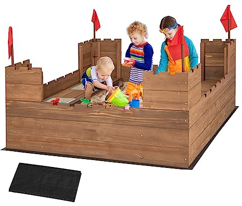 HONEY JOY Kids Sandbox, Cedar Bottomless Sand Pit for Backyard, 4 Red Flags & Bottom Liner, Side Bench & 2 Boxes, Wooden Sand Boxes for Kids Outdoor, Garden, Beach, Gift for Boys Girls