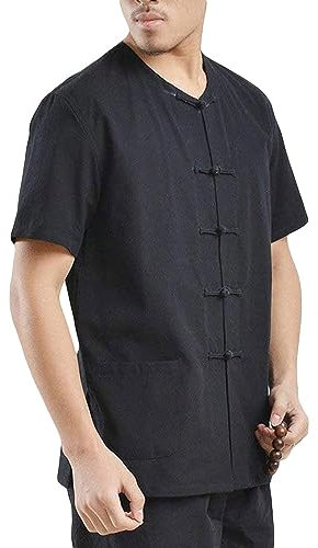 Rubruan Herren Kung Fu Hemd - Traditionelle Chinesische Kleidung Handarbeit Tangzhuang Stil Jacke Kampfkunst Tai Chi Wing Chun Kurze Ärmel Rundkragen Uniform für Männer - Baumwolle