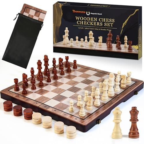 Bravmate 2 in 1 Magnetisches Schachspiel aus Holz und Dame, 15 Zoll Klappschachbrett mit Figurenaufbewahrungsplätzen, tragbares Reiseschachspiel für Kinder Erwachsene Anfänger Alter 3+