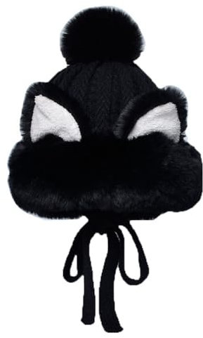 Egurs Wintermütze mit Fellbommeln Katzenohren Strickmütze Bommelmütze Warme Ohrenklappe Fellmütze Damen Beanie Winter Plüsch Zopfmütze Niedliche Bobble Pelzmütze für Frauen Mädchen Beige