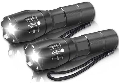 POCKETMAN Lampe de poche LED, lampe de poche tactique super claire, zoom focus, 5 modes d'éclairage, convient pour le camping, la randonnée, la course de nuit et autres situations diverses (2 paquets)