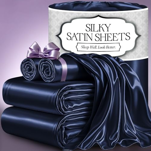 DECOLURE Satin Bed Sheets - 4 Piece Luxury Silky Queen Size Bedding Set - Softer Than Silk, Wrinkle-Free with 15” Deep Pocket Fitted Sheet, Perfect for Hair & Skin, Gifts for Women (Navy Blue)