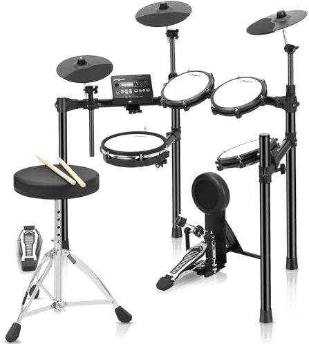 Elektrisches Schlagzeug-Set, elektrisches Schlagzeug für Anfänger mit 390 Sounds, 30 Songs und 35 Drum-Kits, Silent Mesh Drum-Set mit Pedalen, enthält einen Drum-Thron, Drum-Sticks, Kopfhörer