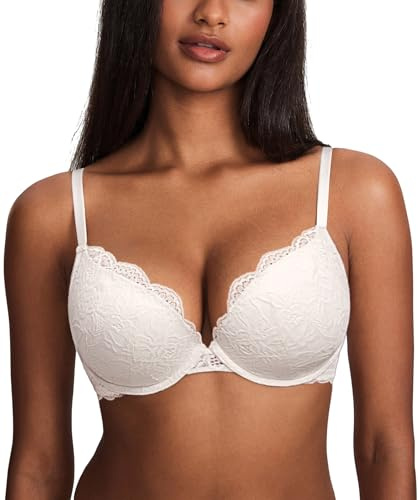 DOBREVA Women's Push Up Lace Bra Sexy Plunge Padded Underwire Support Bras Lift Up Coconut White 34C