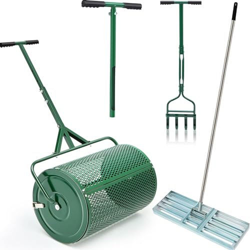 CYTBEK Juego de 4 Piezas para el Cuidado del césped, esparcidor de abono y turba, esparcidor de abono de 15,7 x 24, 42 aireadores de Horquilla Hueca, 20 sondas de muestreo de Suelo y 30 rastrillos