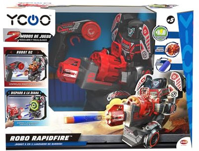 YCOO Robo Rapidfire, Roboter mit LED-Lichtern im Gesicht und Soundeffekten, 2 Spielformen, zielgerichtet und autonom, schießt Darts aus der Fernbedienung, batteriebetrieben, Bizak (62008528)