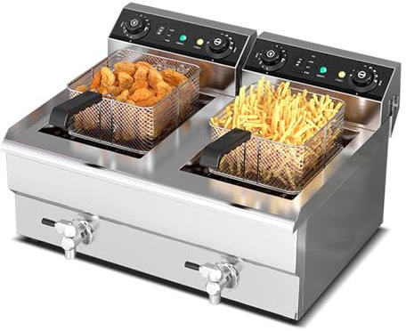 16 L Freidora Eléctrica Comercial, 6000W, acero inoxidable, freidora industrial hosteleria con 2 Cestas para Freír Tapas Temperatura Ajustable 20℃-190℃ drenaje de aceite extraíble-8L+8L