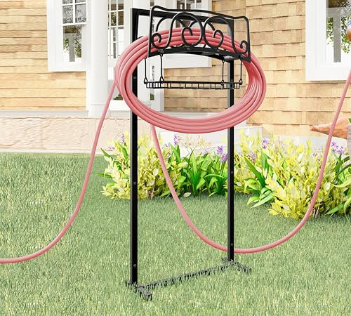 Kingson Supporto per tubo dell'acqua autoportante, supporto per tubo da giardino può contenere tubo da 45,7 m, supporto resistente per tubo da giardino con cestino portaoggetti rimovibile per esterni