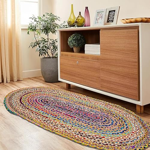 Craft Trade Vistoso Lavable Bohemia Chindi Yute Alfombra Reversible Trenzado Tejido a Mano Alfombra de Trapo Oval para Cocina Sala de Estar y Dormitorio - 90x150 cm