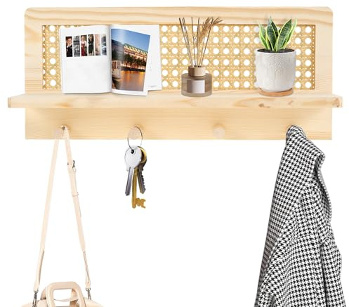 NIHUIFDPY Mensola galleggiante in rattan con 4 ganci, decorativa in legno, mensola per chiavi, montaggio a parete, supporto da parete per ingresso, cameretta, corridoio, ufficio, casa