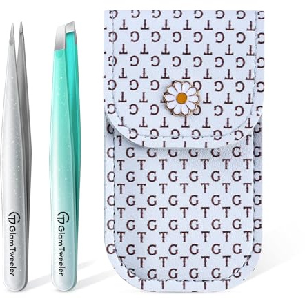 Juego de pinzas de experto de punta inclinada y puntiaguda con exclusiva funda de cuero, GlamTweeler - Juego de pinzas afiladas y de precisión para cejas, vellos faciales y eliminación de vello fino