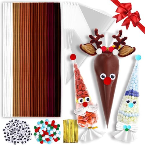 100 Stück Pfeifenputzer zum Basteln Braun, Spitztüten Transparent, Kulleraugen Selbstklebend, Pompons, Einweg Spritzbeutel für Marshmallow Mini Bonbons Kekse Kleine Weihnachtsgeschenke (Braun)