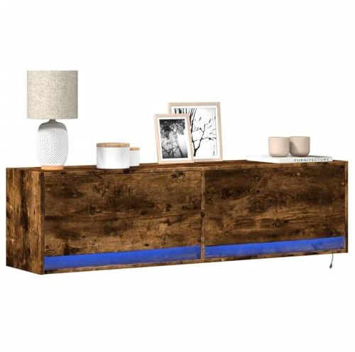 Homgoday Meuble TV mural avec lumières LED chêne, fumée, 140 x 31 x 38 cm, meuble TV meuble bas pour TV pour table de salon industriel, support TV salon